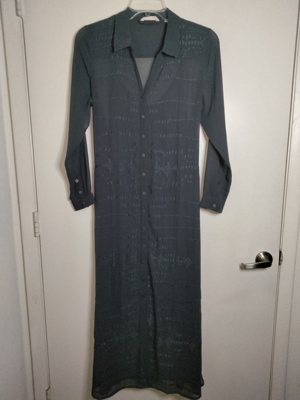 Soft Surroundings -M- Blue Steel Semi-sheer 2PC LS Button-Front Belt Maxi Dress